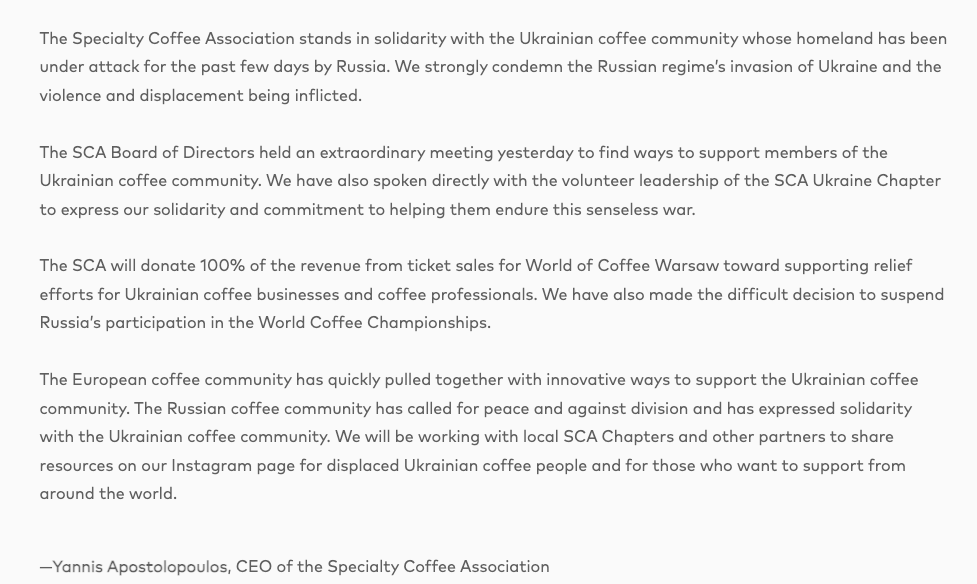 SCA suspends Russia's competition eligibility; Warsaw show ticket proceeds fully aid Ukraine's coffee industry