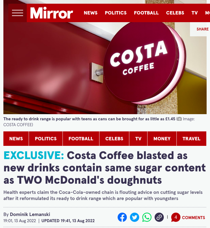 Is Costa's ready-to-drink coffee loaded with sugar? Experts reveal health concerns conflicting with sugar reduction policies