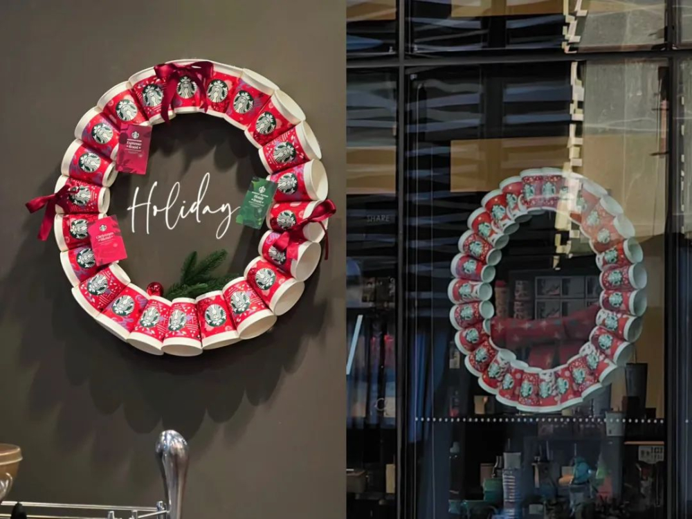 Starbucks' holiday wreath decorations receive polarizing reviews – do they look drastically different in daylight vs. nighttime?