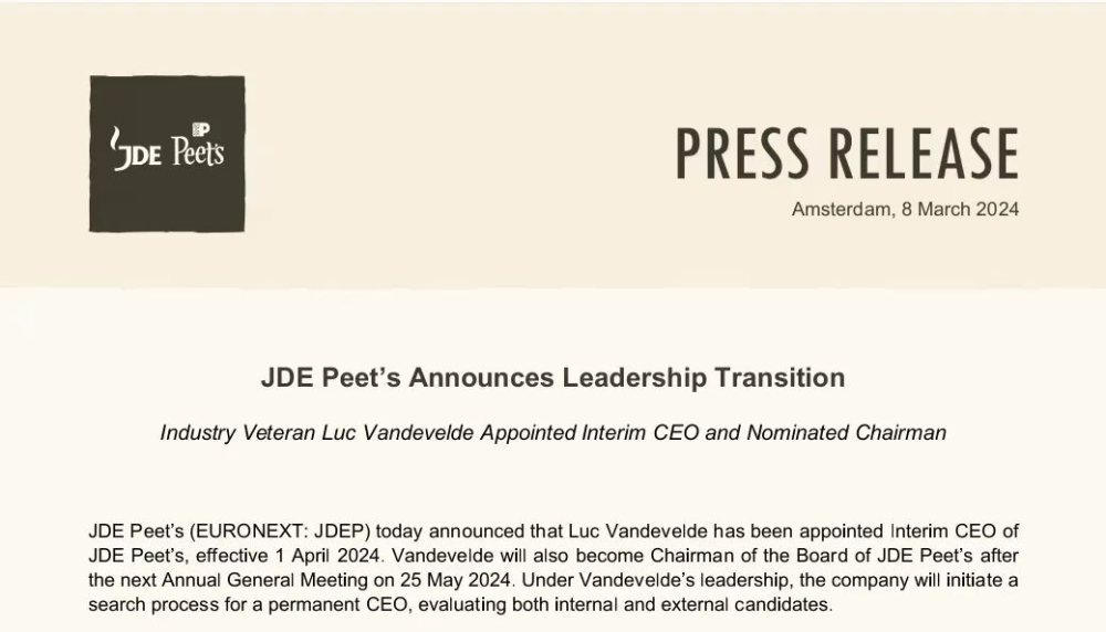JDE Peet’s executive shake-up: Chairman and CEO of Peet’s Coffee’s parent company step down together, new leadership transition to begin in April