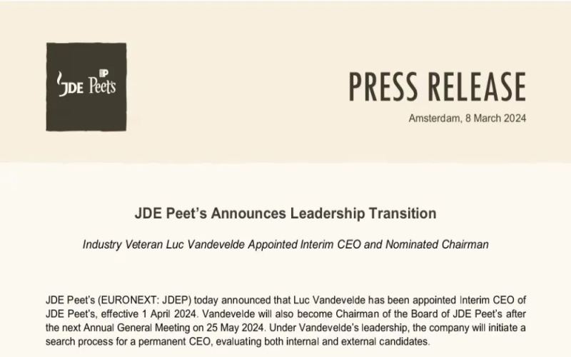 Major leadership changes at JDE Peet’s: Chairman and CEO of Peet’s Coffee’s parent company stepping down, new leadership transition to begin in April
