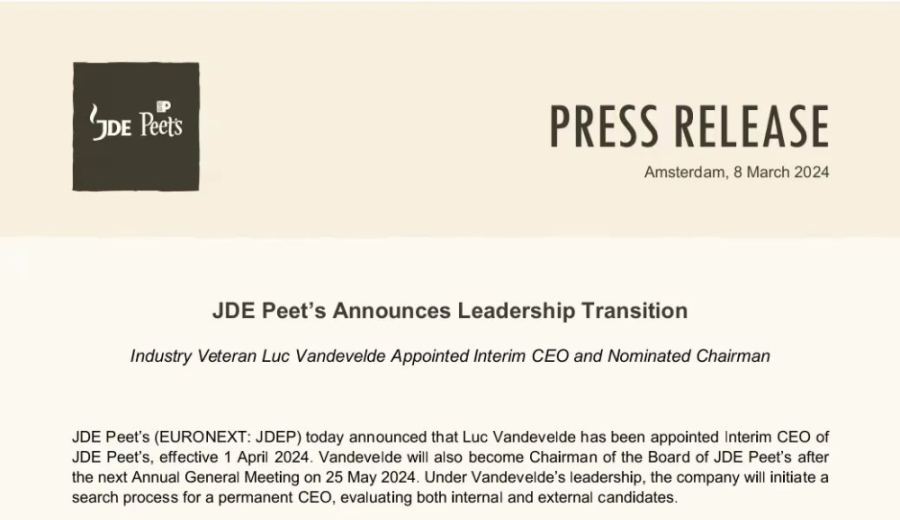 Major leadership changes at JDE Peet’s: Chairman and CEO of Peet’s Coffee’s parent company stepping down, new leadership transition to begin in April